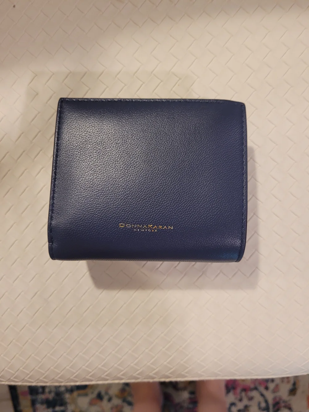 Donna Karan Navy Leather Card Holder with Gold Crescent Accent